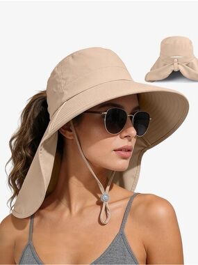 Beige UPF 50+ Wide Brim Sun Hat Neck Flap Ponytail Hole NWT